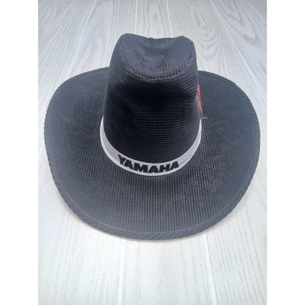 Vintage Yamaha Black Corduroy Cowboy Hat Feather Band- Size Small